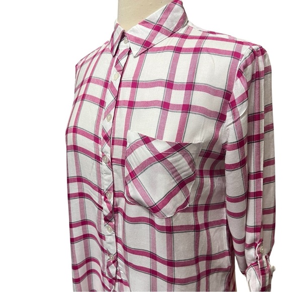 G By Giuliana Pink White Plaid Button Front Long Shirt Size Small - Picture 5 of 11